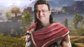 Alexios from Assassin's Creed Odyssey standing in front of a grassy backdrop, but he has the face of Gabe Newell
