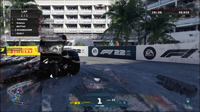 An AI-generated frame in F1 2022, showing visual errors due to a lack of applicable data from similar, recent frames.